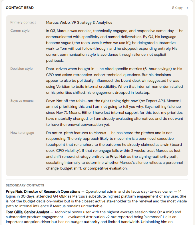 Signal output — the contact read: comm style, decision style, says vs means, how to engage